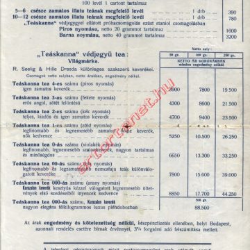 Havas Menyhért teaárjegyzék 1923