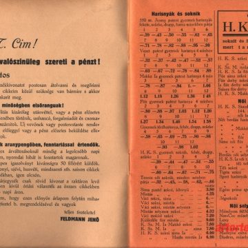 Feldmann Jenő rövidárú árjegyzéke 1937