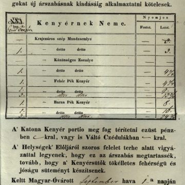 Kenyér árlista Mosony megye 1854
