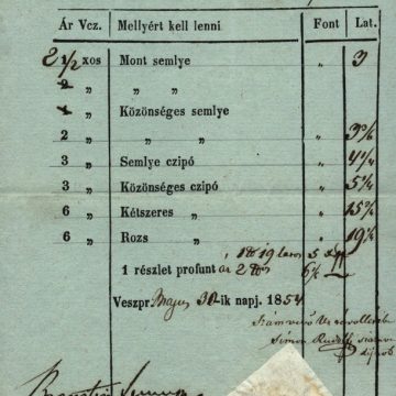 Kenyér árlista Veszprém megye 1854