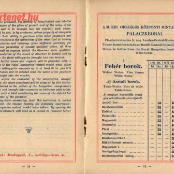 Királyi központi mintapincze bor árjegyzéke 1897